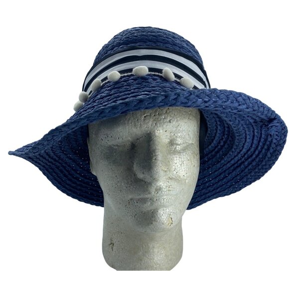 Women Navy Blue Wide Brim Floppy Straw Hat Pom Pom Trim Striped Band Beach - Picture 1 of 6